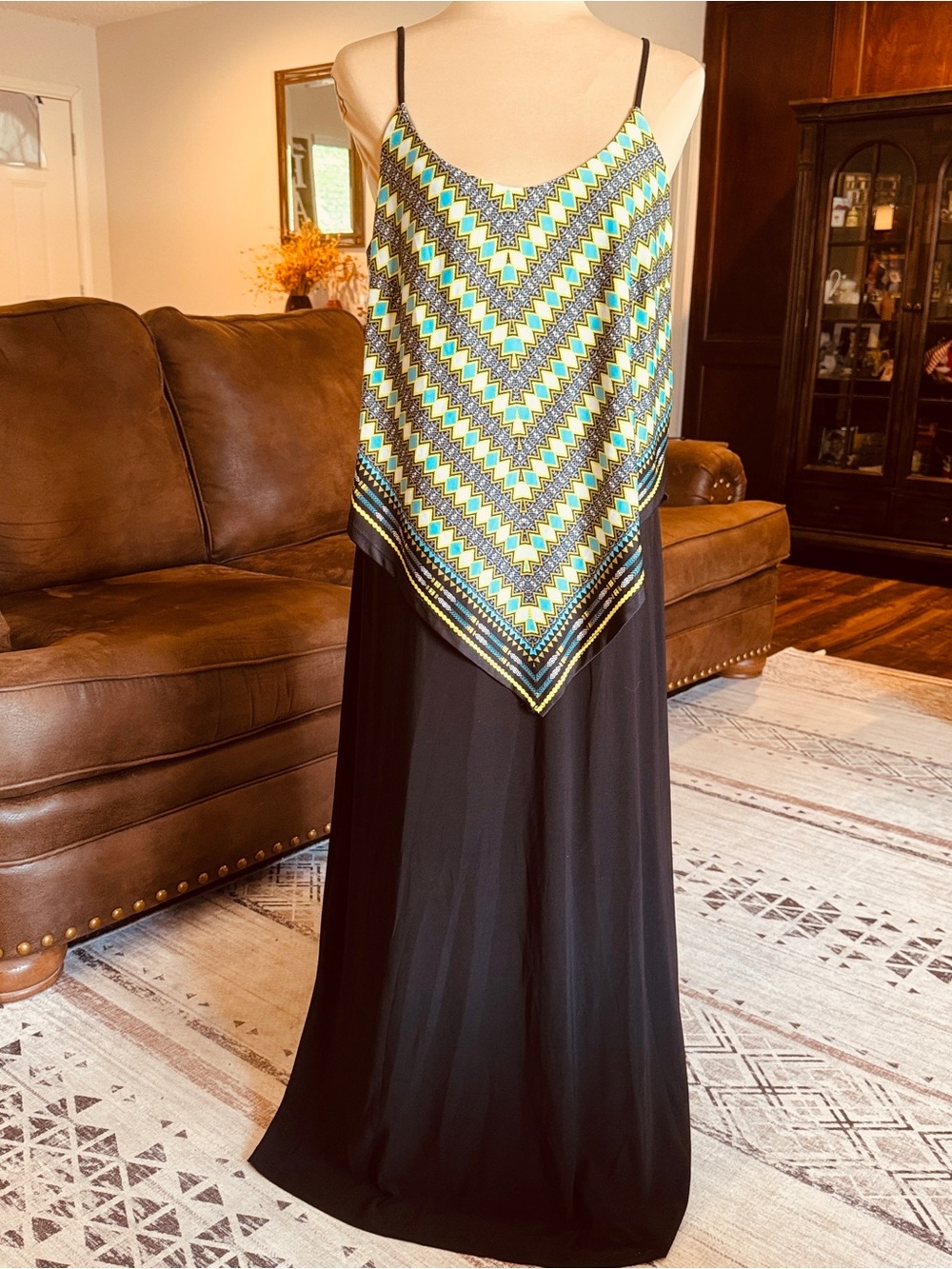 Soho Apparel Black Maxi Dress with Turquoise & Yellow Aztec Panel